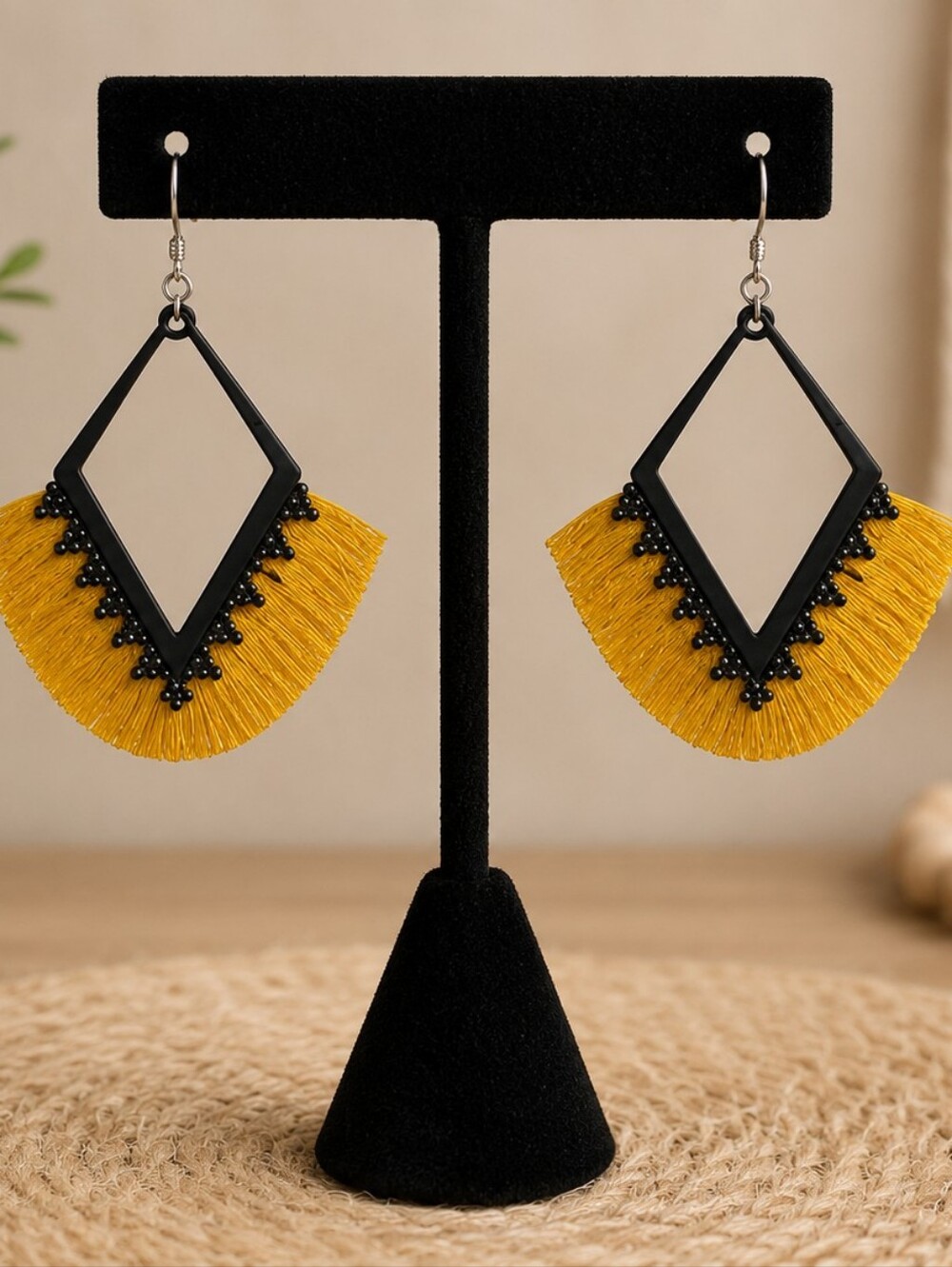 Black & Mustard Fringe Geometric Drop Earrings | Boho Statement Earrings